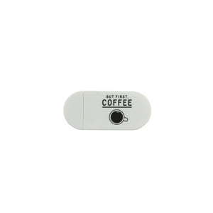 beyaz üzerinde siyah renkli but first coffee yazan ve kahve görseli olan kamera kapatıcısı